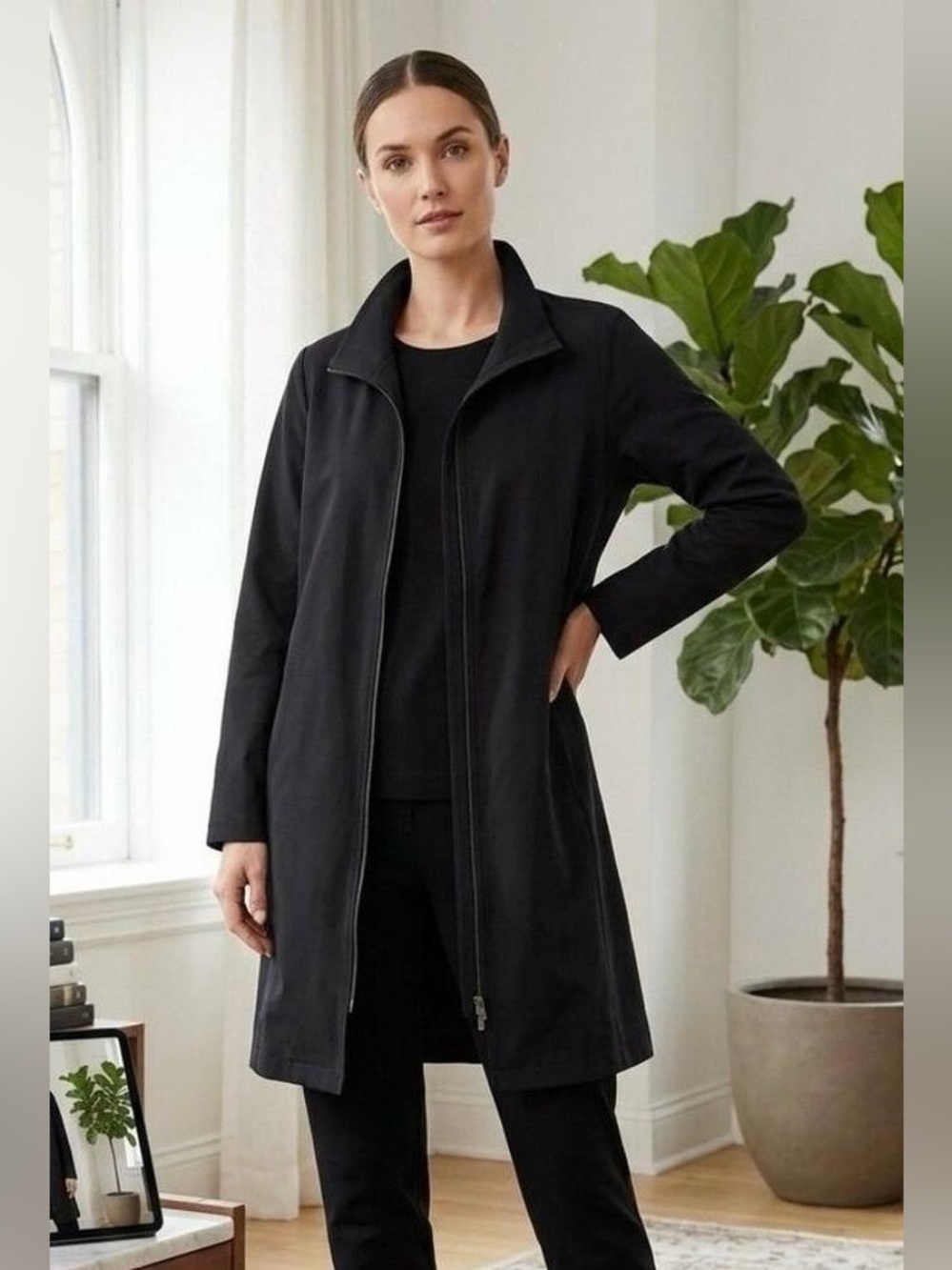 Eileen Fisher High Collar Long Zip Up Jacket S Black Cotton Spandex Lagenlook